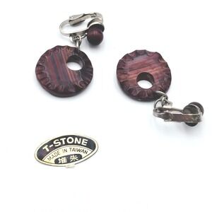 RARE Clip Earrings Vintage T-Stone Layered Lacquerware NWT Taiwan Export